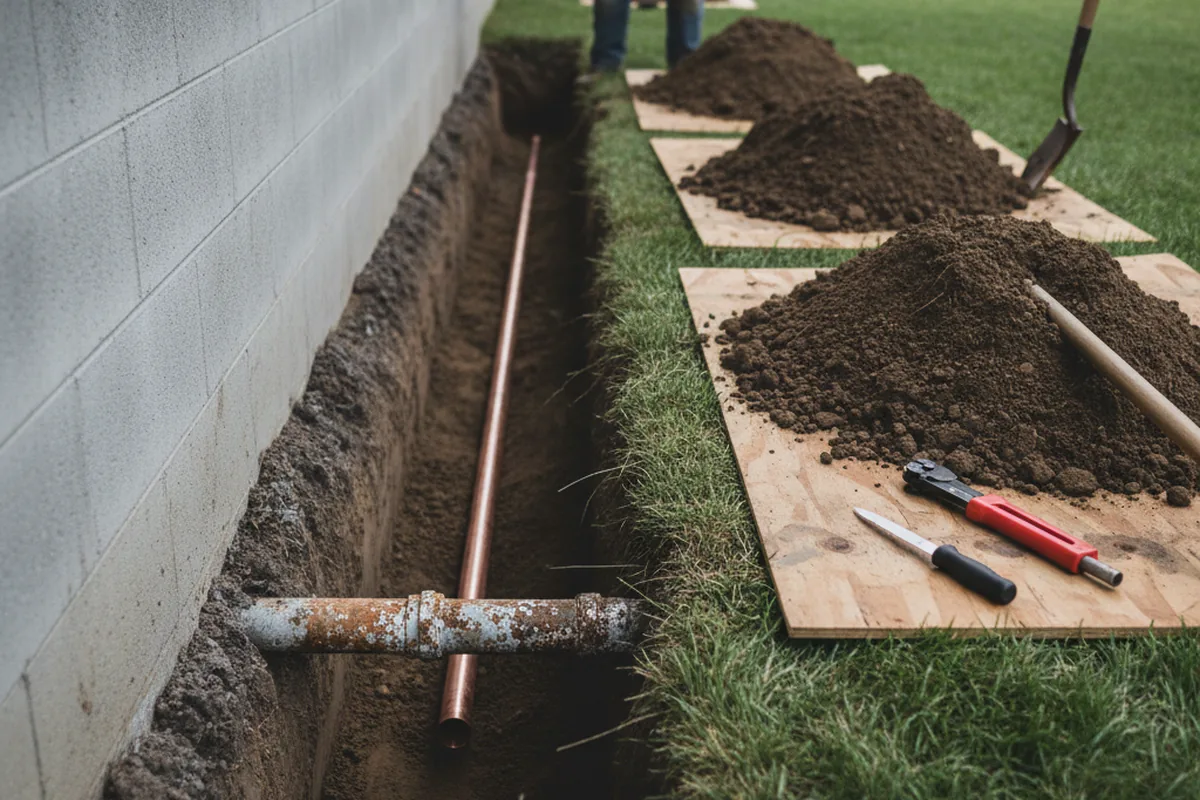 Excavated water line trench during Water Heater Repair in Leicester